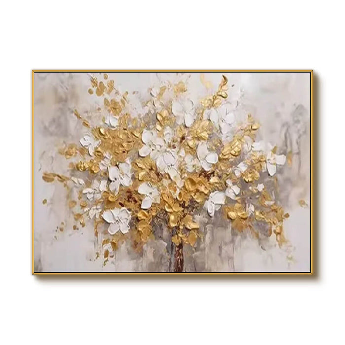 Hand-Painted Floral Tree Artwork in Gold & Ivory - Modern Luxury Home Decor - Bloomfire - Hues Art Lab