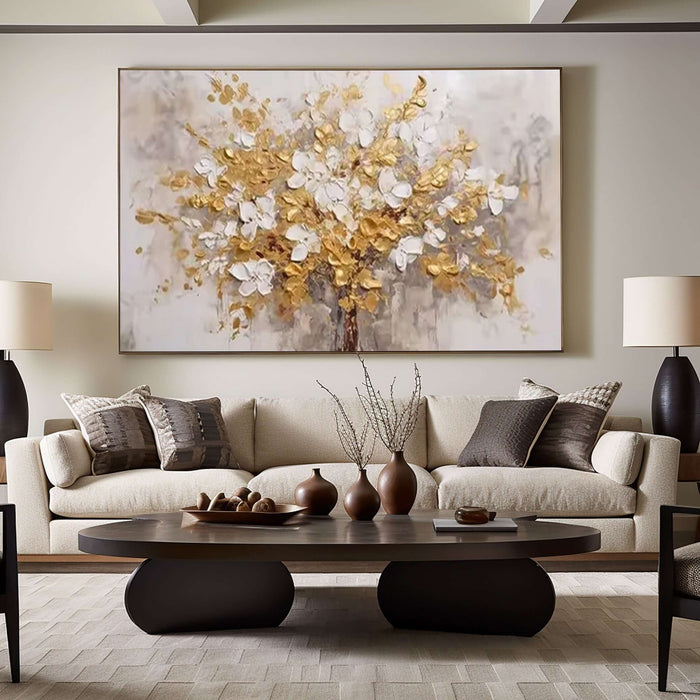 Hand-Painted Floral Tree Artwork in Gold & Ivory - Modern Luxury Home Decor - Bloomfire - Hues Art Lab