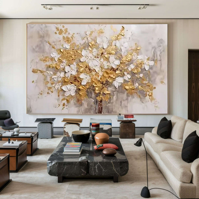 Hand-Painted Floral Tree Artwork in Gold & Ivory - Modern Luxury Home Decor - Bloomfire - Hues Art Lab