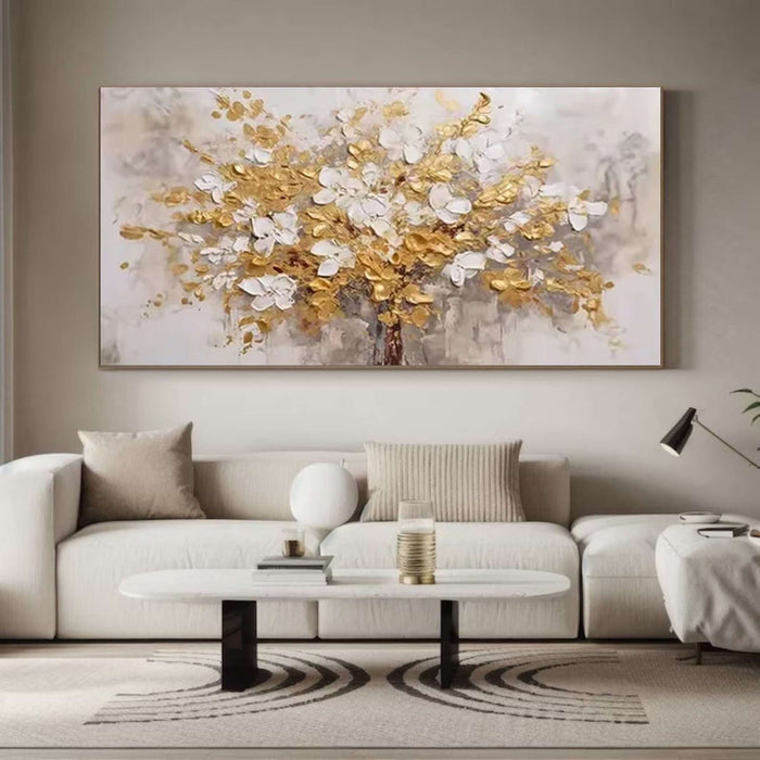 Gold and White Blossom Tree Oil Painting - Textured 3D Canvas Wall Art - Bloomfire I - Hues Art Lab