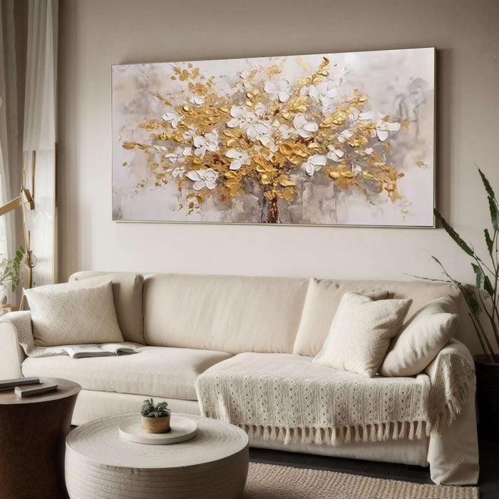 Gold and White Blossom Tree Oil Painting - Textured 3D Canvas Wall Art - Bloomfire I - Hues Art Lab