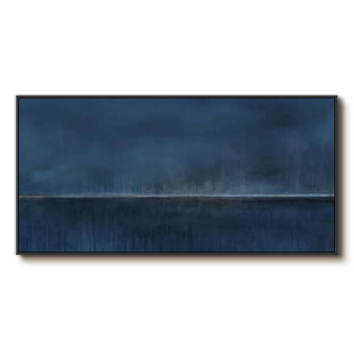 Dark Blue Abstract Horizon Canvas Art - Horizontal Minimalist Wall Painting for Modern Living Room or Office Decor - Blue Divide - Hues Art Lab