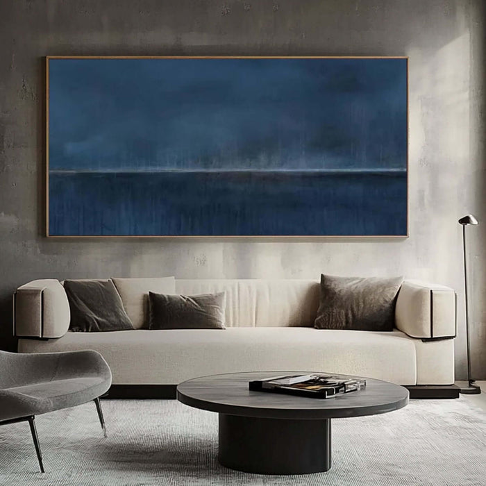 Dark Blue Abstract Horizon Canvas Art - Horizontal Minimalist Wall Painting for Modern Living Room or Office Decor - Blue Divide - Hues Art Lab