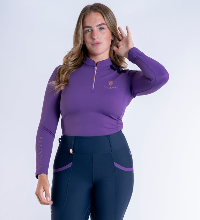 Women's Blackfort Equestrian Bluebell Purple Long Sleeved Cool Mesh Base Layer Rose Gold Zip
