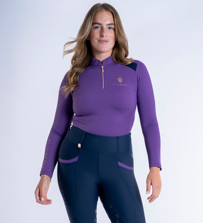 Women's Blackfort Equestrian Bluebell Purple Long Sleeved Cool Mesh Base Layer Rose Gold Zip