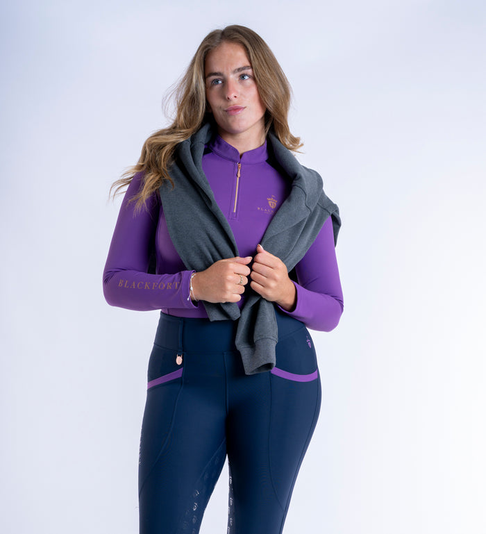 Women's Blackfort Equestrian Bluebell Purple Long Sleeved Cool Mesh Base Layer Rose Gold Zip