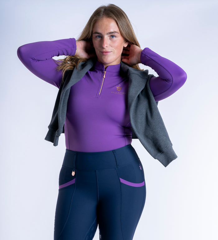 Women's Blackfort Equestrian Bluebell Purple Long Sleeved Cool Mesh Base Layer Rose Gold Zip