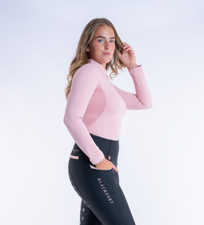 Women's Blackfort Equestrian Blush Pink Long Sleeved Cool Mesh Base Layer Rose Gold Zip