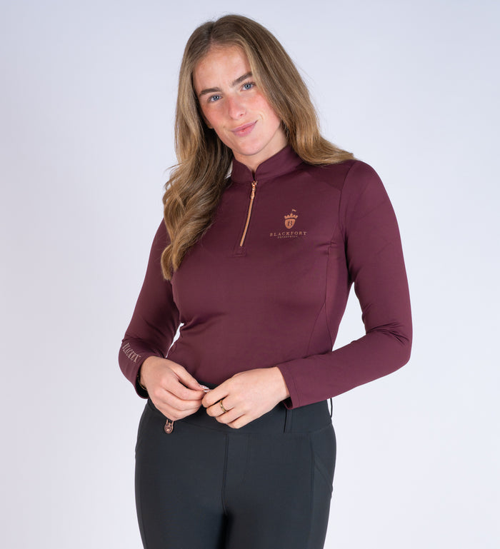 Women's Blackfort Equestrian burgundy long sleeve cool mesh base layer rose gold detailing and zip