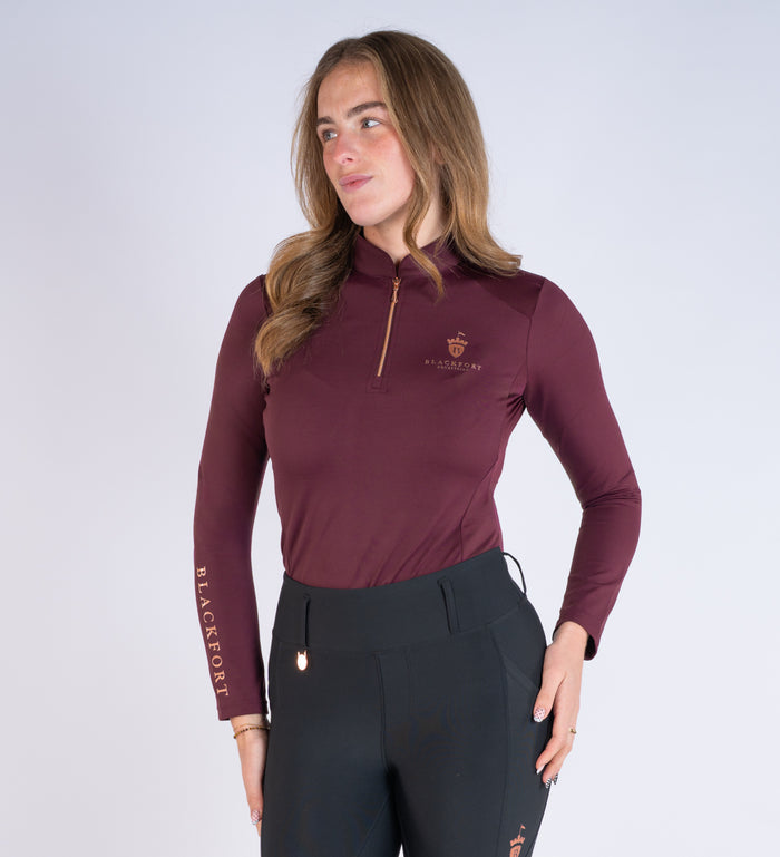 Women's Blackfort Equestrian burgundy long sleeve cool mesh base layer rose gold detailing and zip