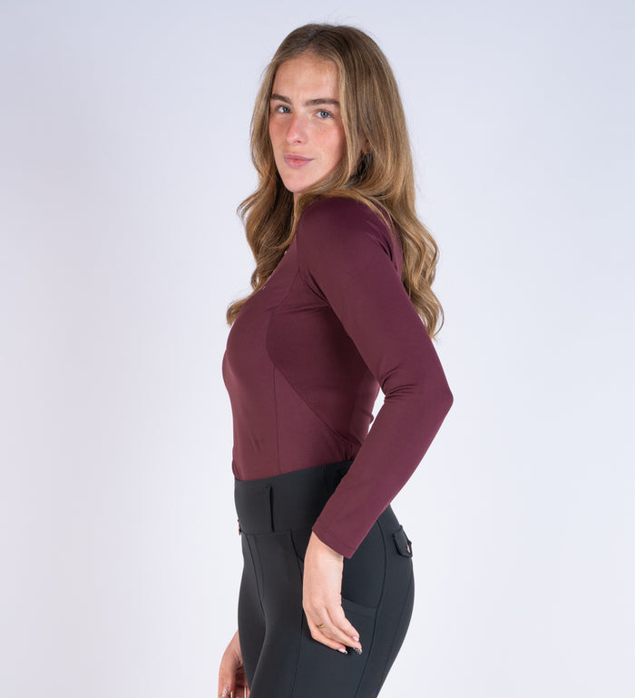 Women's Blackfort Equestrian burgundy long sleeve cool mesh base layer rose gold detailing and zip