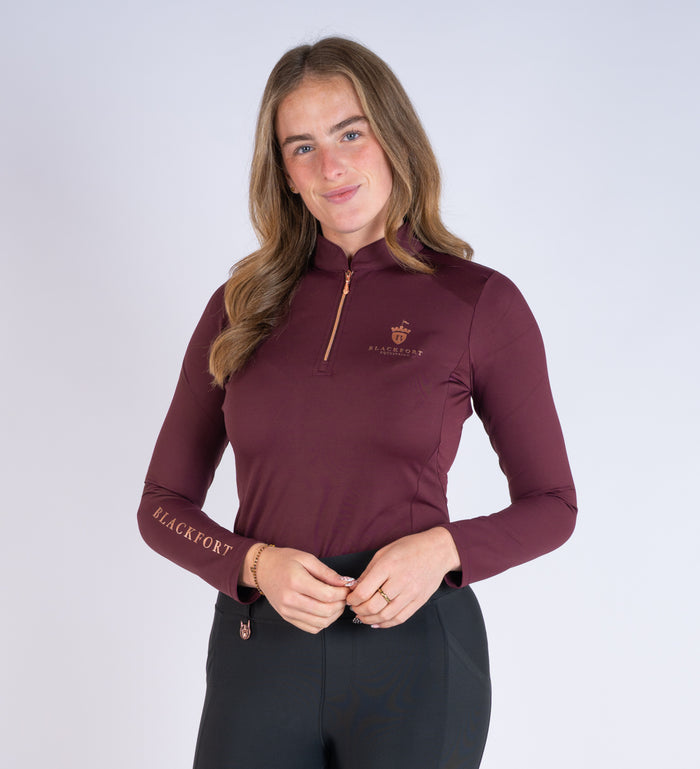 Women's Blackfort Equestrian burgundy long sleeve cool mesh base layer rose gold detailing and zip