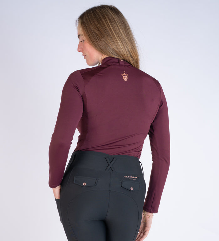 Women's Blackfort Equestrian burgundy long sleeve cool mesh base layer rose gold detailing and zip