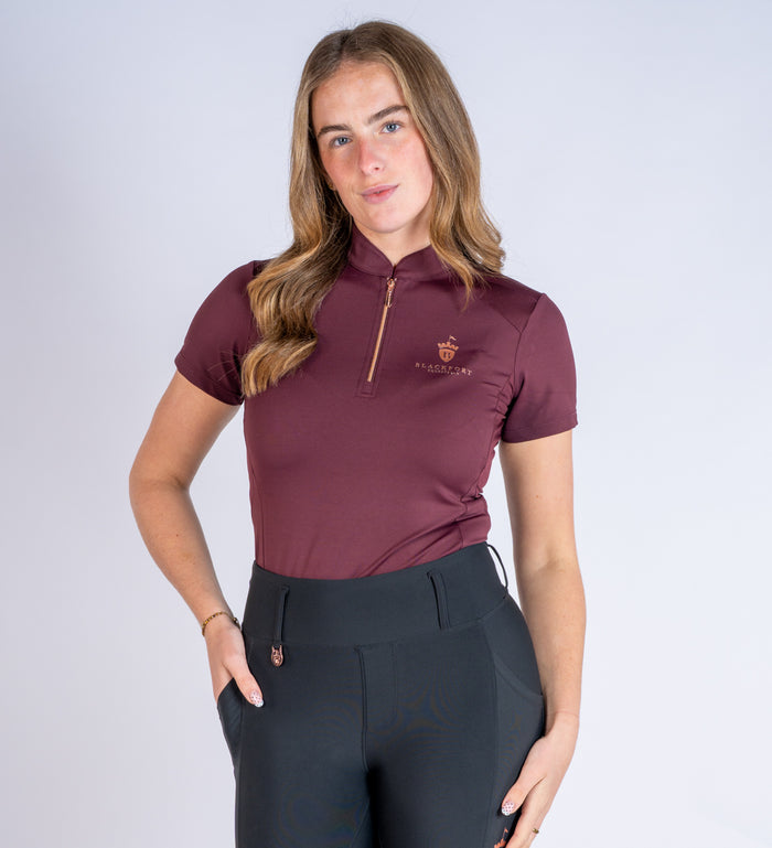 Women's Blackfort Equestrian Burgundy short sleeve cool mesh base layer rose gold detailing and zip