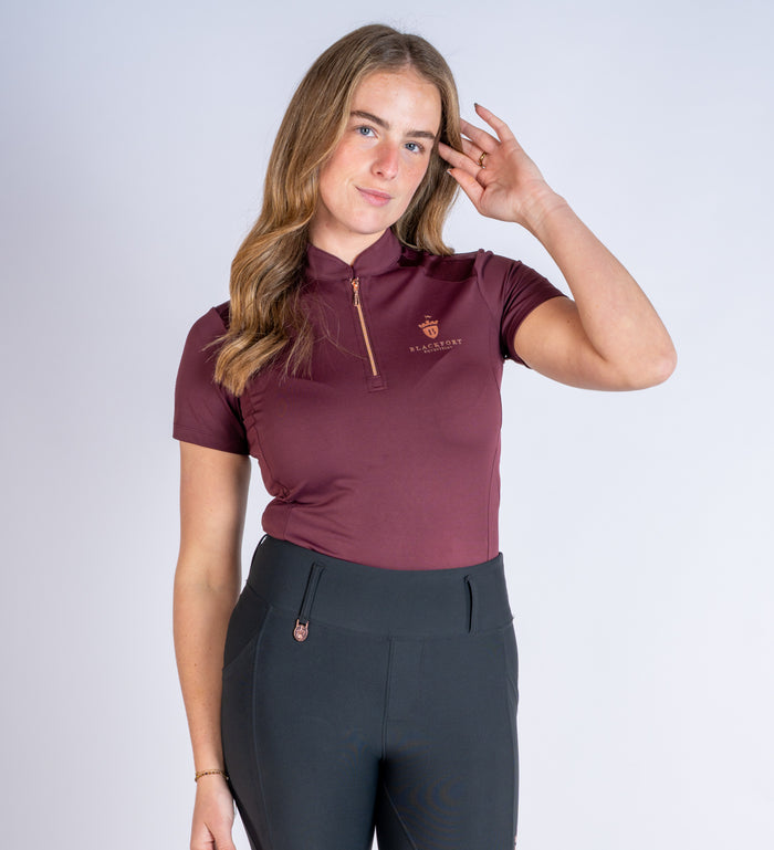Women's Blackfort Equestrian Burgundy short sleeve cool mesh base layer rose gold detailing and zip