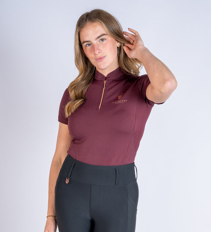 Women's Blackfort Equestrian Burgundy short sleeve cool mesh base layer rose gold detailing and zip
