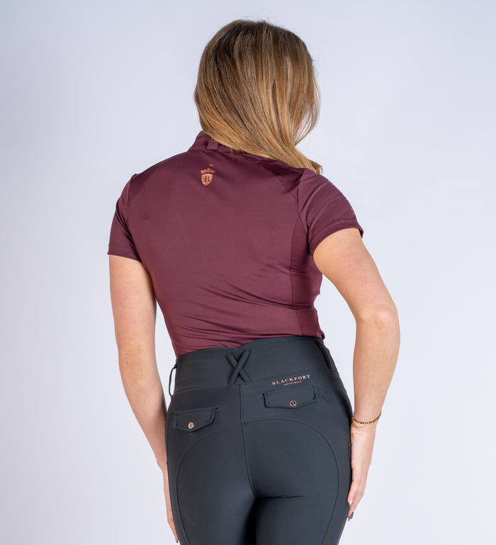 Women's Blackfort Equestrian Burgundy short sleeve cool mesh base layer rose gold detailing and zip