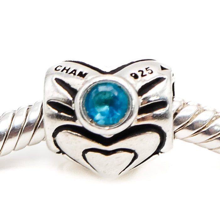 Chamilia March Birthstone Heart Sterling Silver Charm I-39 With Light Blue Crystal