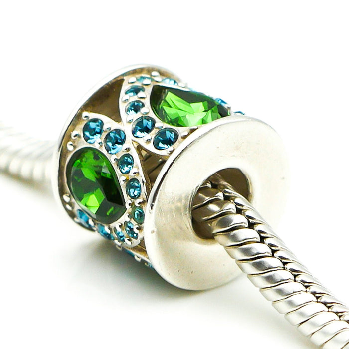 CHAMILIA Royal Petals Sterling Silver Charm Bead With Green And Blue Swarovski Crystals