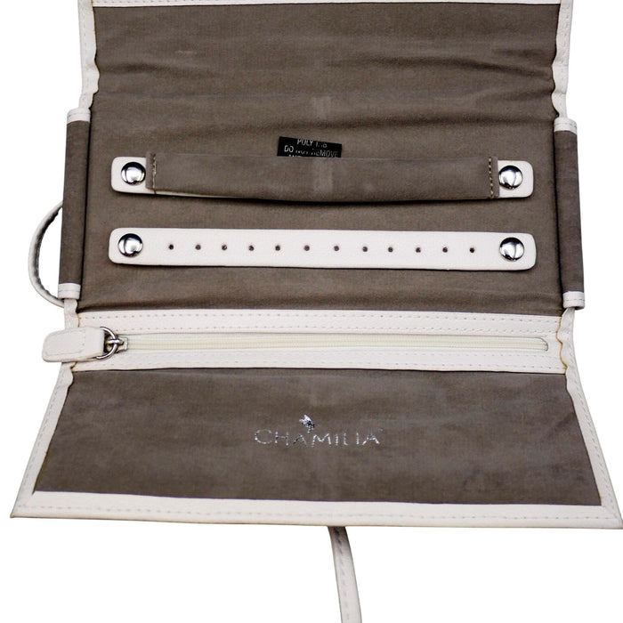 Chamilia White Leather Jewelry Travel Roll Organizer Case Wallet