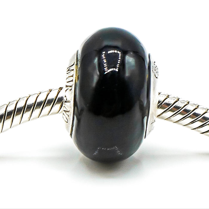 CHARMED MEMORIES Black Murano Glass Charm With Sterling Silver Core