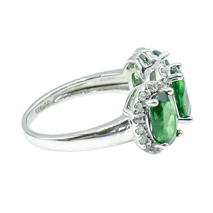 Chrome Diopside and White Topaz Three Stone Ring Sterling Silver Size 5