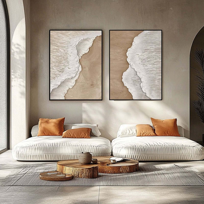 Ocean-Inspired Textured Canvas Art Set of 2 in White and Sand Tones - Coastal Trace - Hues Art Lab