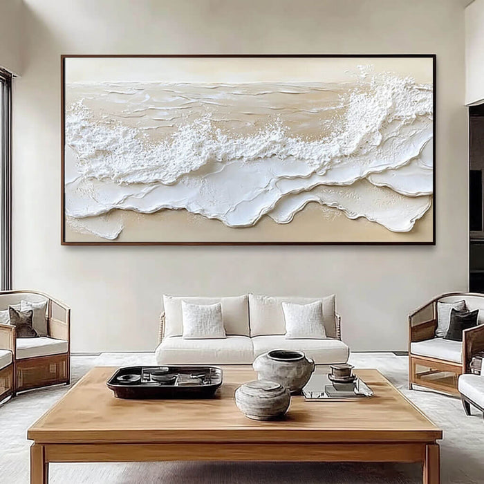 Abstract Seascape Beach Plaster Texture Oil Painting - Modern Large Wall Art in Beige and White - Coastal Wave - Hues Art Lab