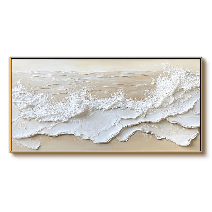 Abstract Seascape Beach Plaster Texture Oil Painting - Modern Large Wall Art in Beige and White - Coastal Wave - Hues Art Lab