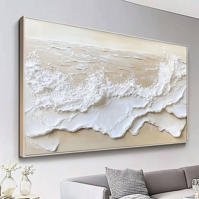 Abstract Seascape Beach Plaster Texture Oil Painting - Modern Large Wall Art in Beige and White - Coastal Wave - Hues Art Lab