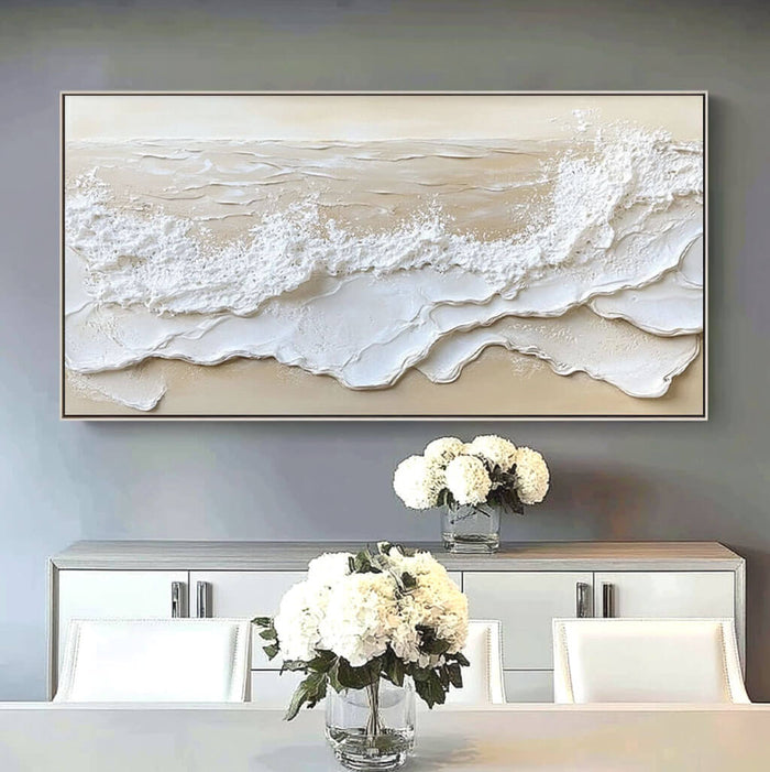 Abstract Seascape Beach Plaster Texture Oil Painting - Modern Large Wall Art in Beige and White - Coastal Wave - Hues Art Lab