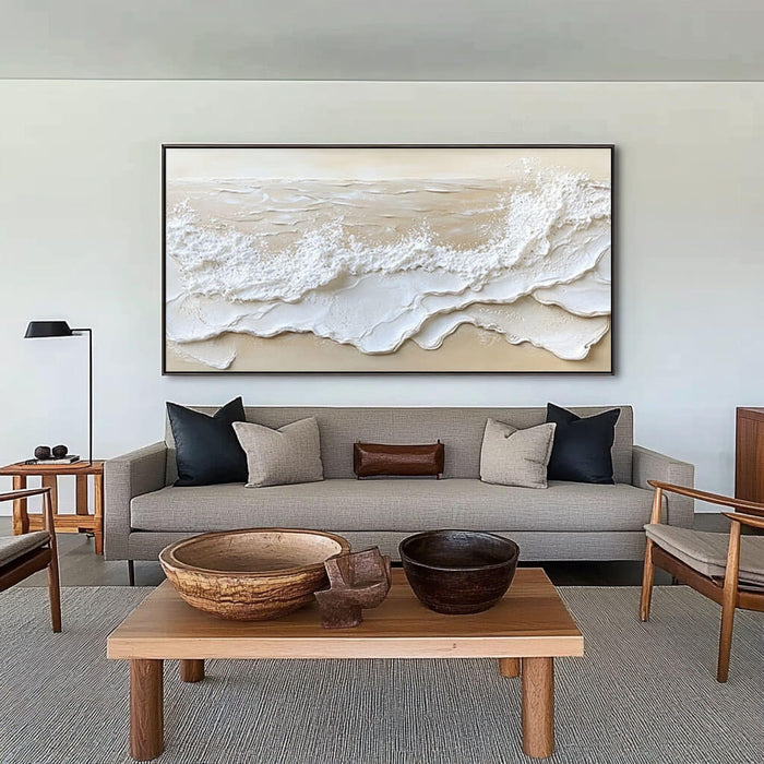 Abstract Seascape Beach Plaster Texture Oil Painting - Modern Large Wall Art in Beige and White - Coastal Wave - Hues Art Lab
