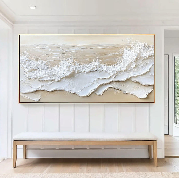 Abstract Seascape Beach Plaster Texture Oil Painting - Modern Large Wall Art in Beige and White - Coastal Wave - Hues Art Lab