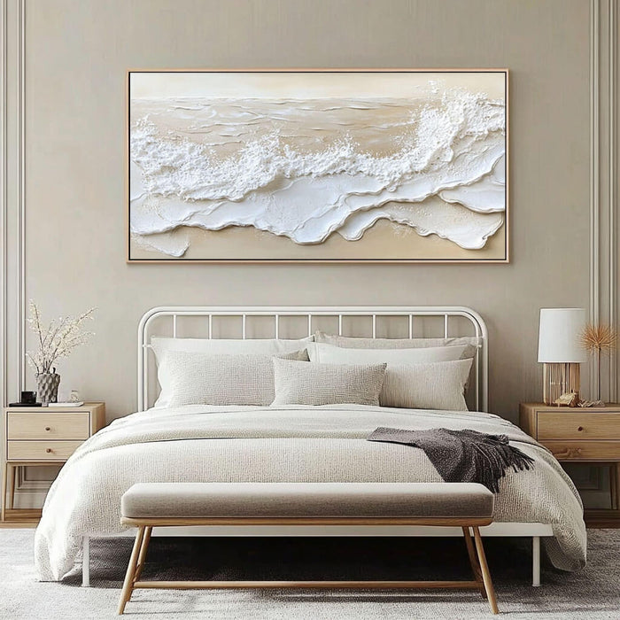 Abstract Seascape Beach Plaster Texture Oil Painting - Modern Large Wall Art in Beige and White - Coastal Wave - Hues Art Lab