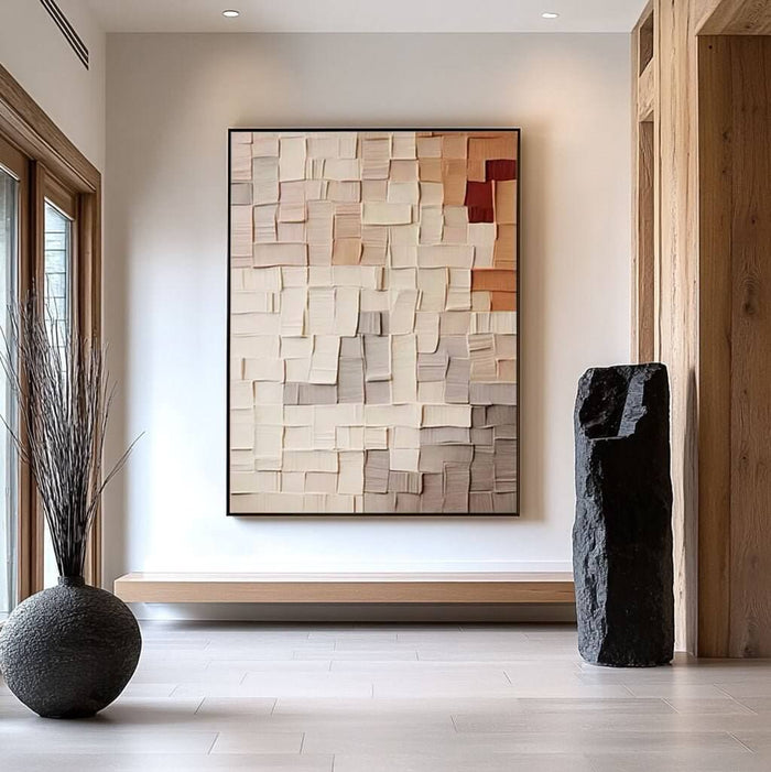Contemporary Square-Block Canvas Art in Warm Neutrals and Subtle Texture - Color Code - Hues Art Lab
