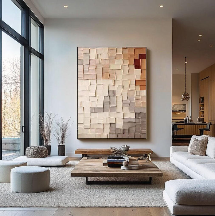 Contemporary Square-Block Canvas Art in Warm Neutrals and Subtle Texture - Color Code - Hues Art Lab