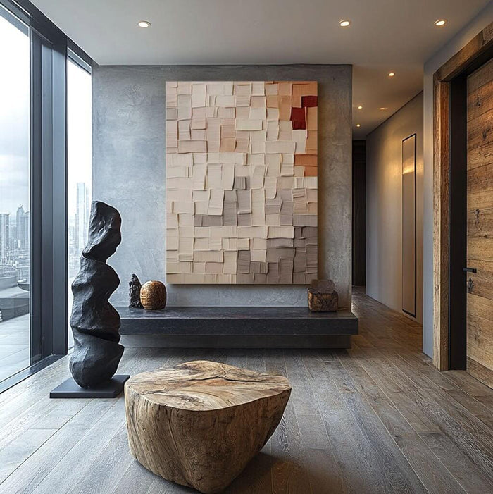 Contemporary Square-Block Canvas Art in Warm Neutrals and Subtle Texture - Color Code - Hues Art Lab