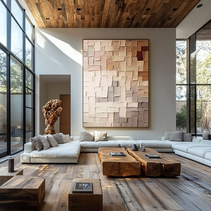 Contemporary Square-Block Canvas Art in Warm Neutrals and Subtle Texture - Color Code - Hues Art Lab