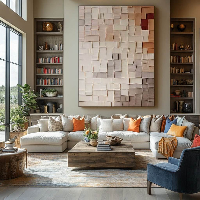 Contemporary Square-Block Canvas Art in Warm Neutrals and Subtle Texture - Color Code - Hues Art Lab