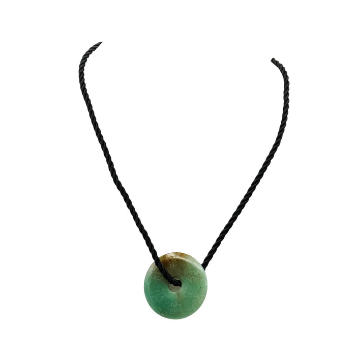 Cookie Lee Jade Pendant Necklace With Black Cord and Chinese Engravings