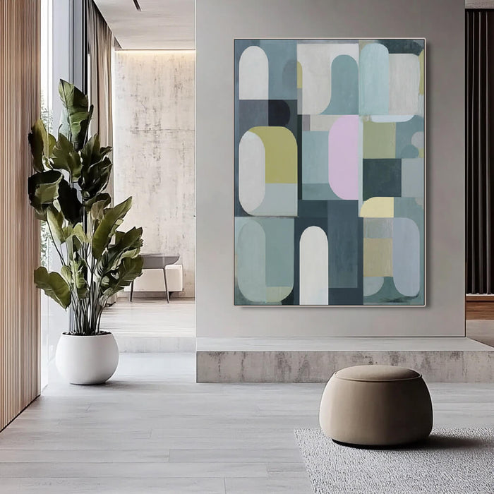 Cool Tone Puzzle framed canvas print styled in a clean modern room