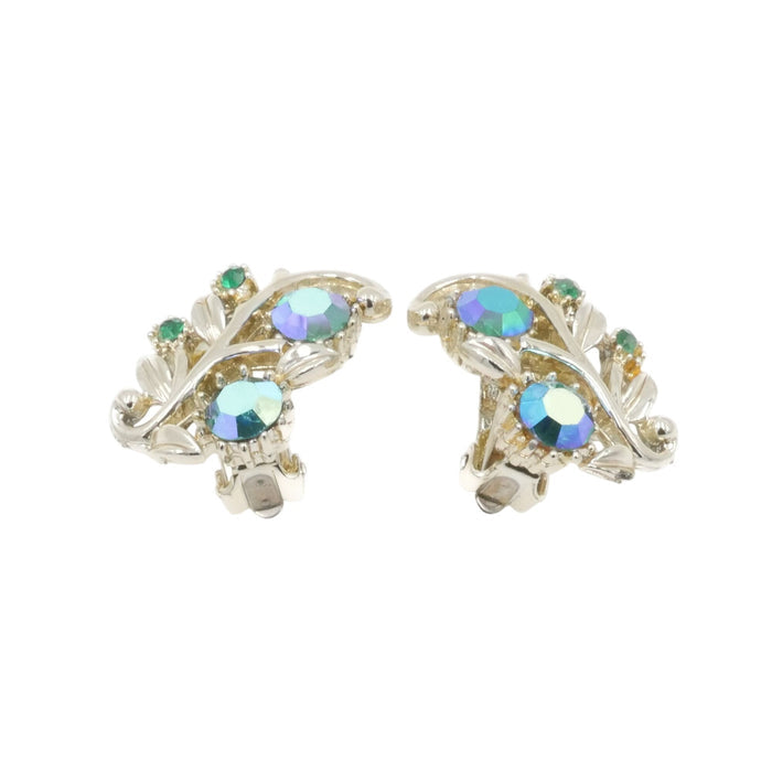 Coro AB Rhinestone Clip Earrings Silver Tone Vintage Signed 1.25"