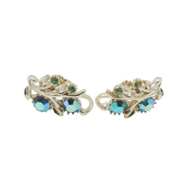 Coro AB Rhinestone Clip Earrings Silver Tone Vintage Signed 1.25"