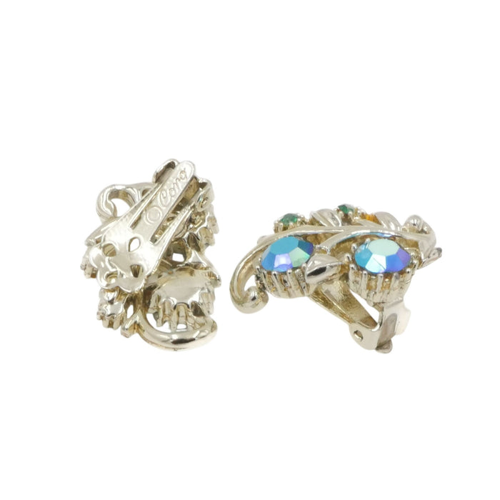Coro AB Rhinestone Clip Earrings Silver Tone Vintage Signed 1.25"