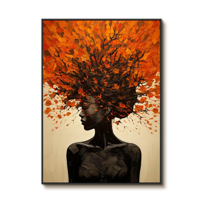 Orange Abstract Portrait with Tree Crown - Modern Vertical Oil Painting - Crowned in Foliage - Hues Art Lab