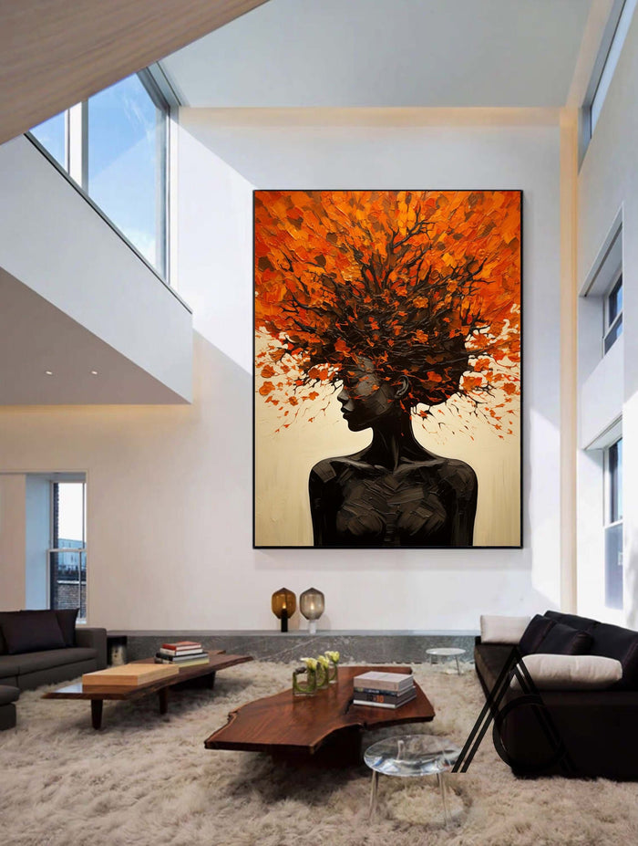 Orange Abstract Portrait with Tree Crown - Modern Vertical Oil Painting - Crowned in Foliage - Hues Art Lab