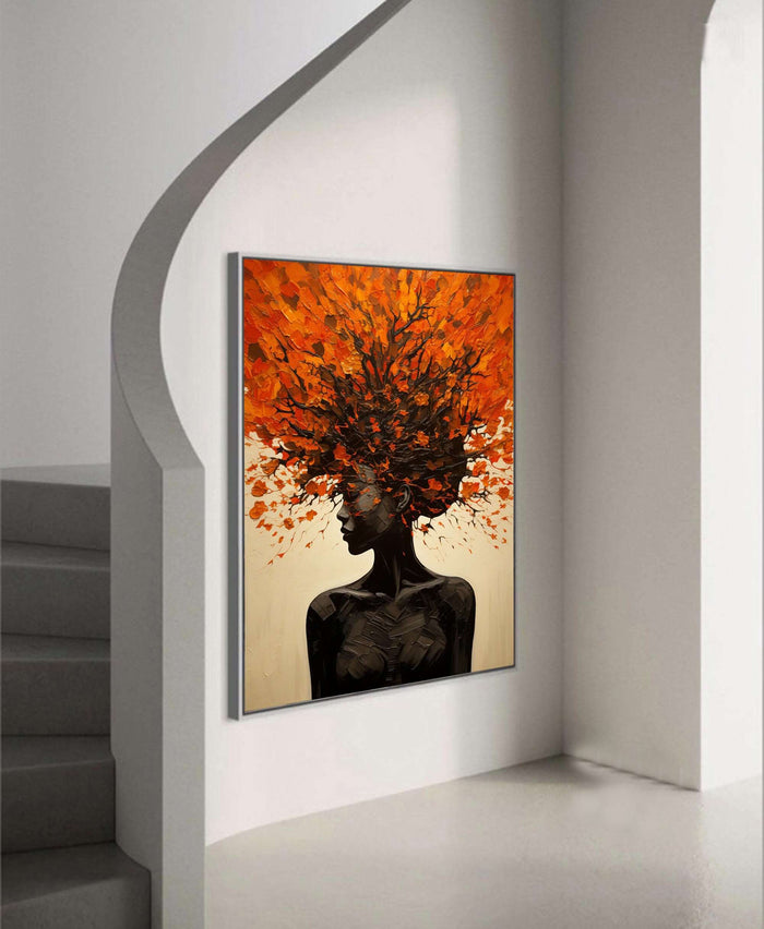 Orange Abstract Portrait with Tree Crown - Modern Vertical Oil Painting - Crowned in Foliage - Hues Art Lab