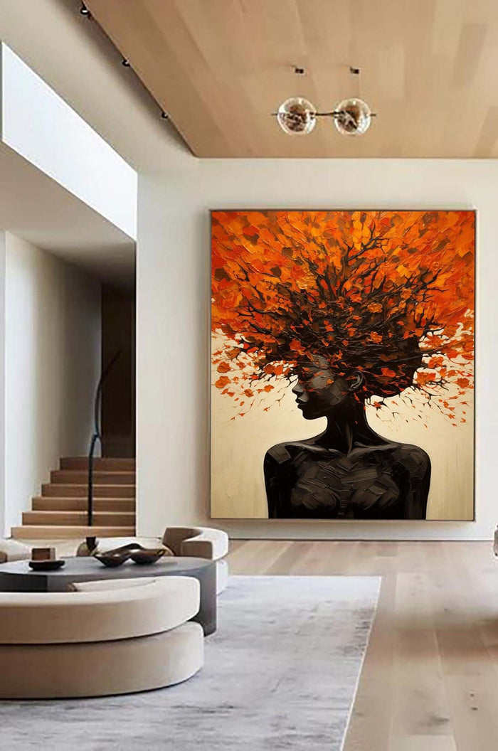 Orange Abstract Portrait with Tree Crown - Modern Vertical Oil Painting - Crowned in Foliage - Hues Art Lab