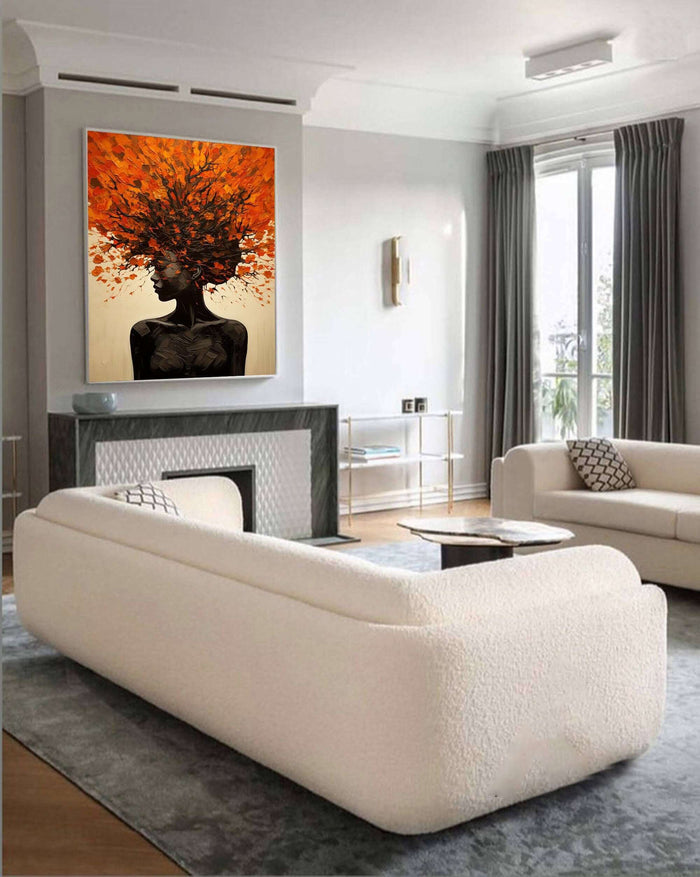 Orange Abstract Portrait with Tree Crown - Modern Vertical Oil Painting - Crowned in Foliage - Hues Art Lab