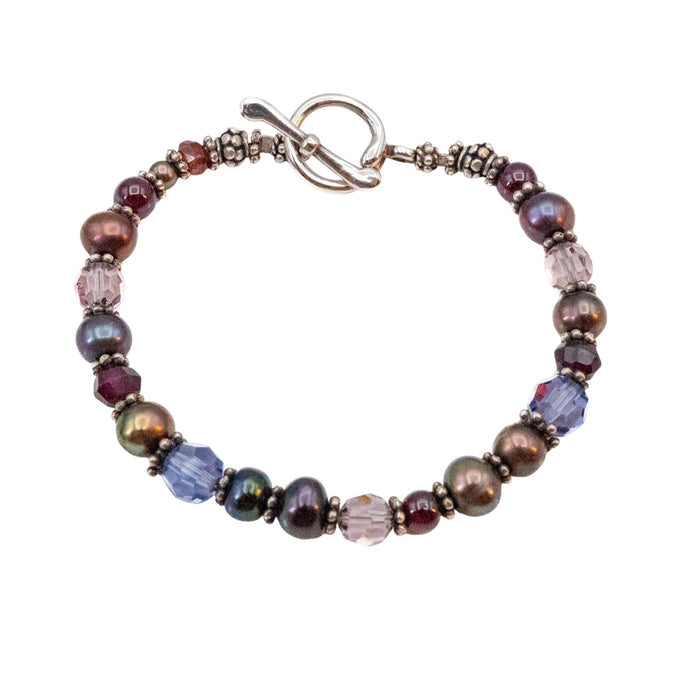 Cultured Baroque Freshwater Pearl Sterling Silver Garnet Beaded Bracelet